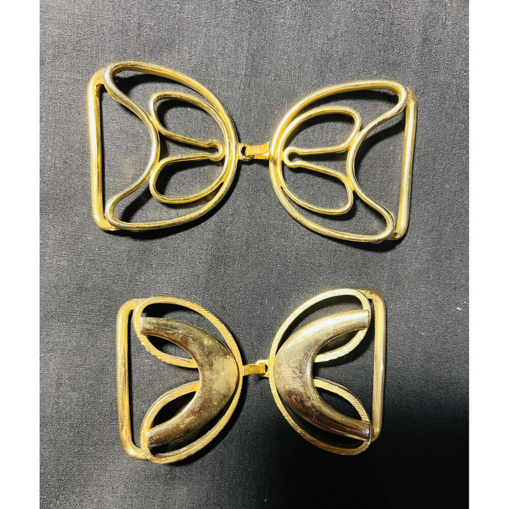 Lot 2 Vintage Mid-Century Butterfly Belt Buckles Gold-Tone Metal Openwork Clasp